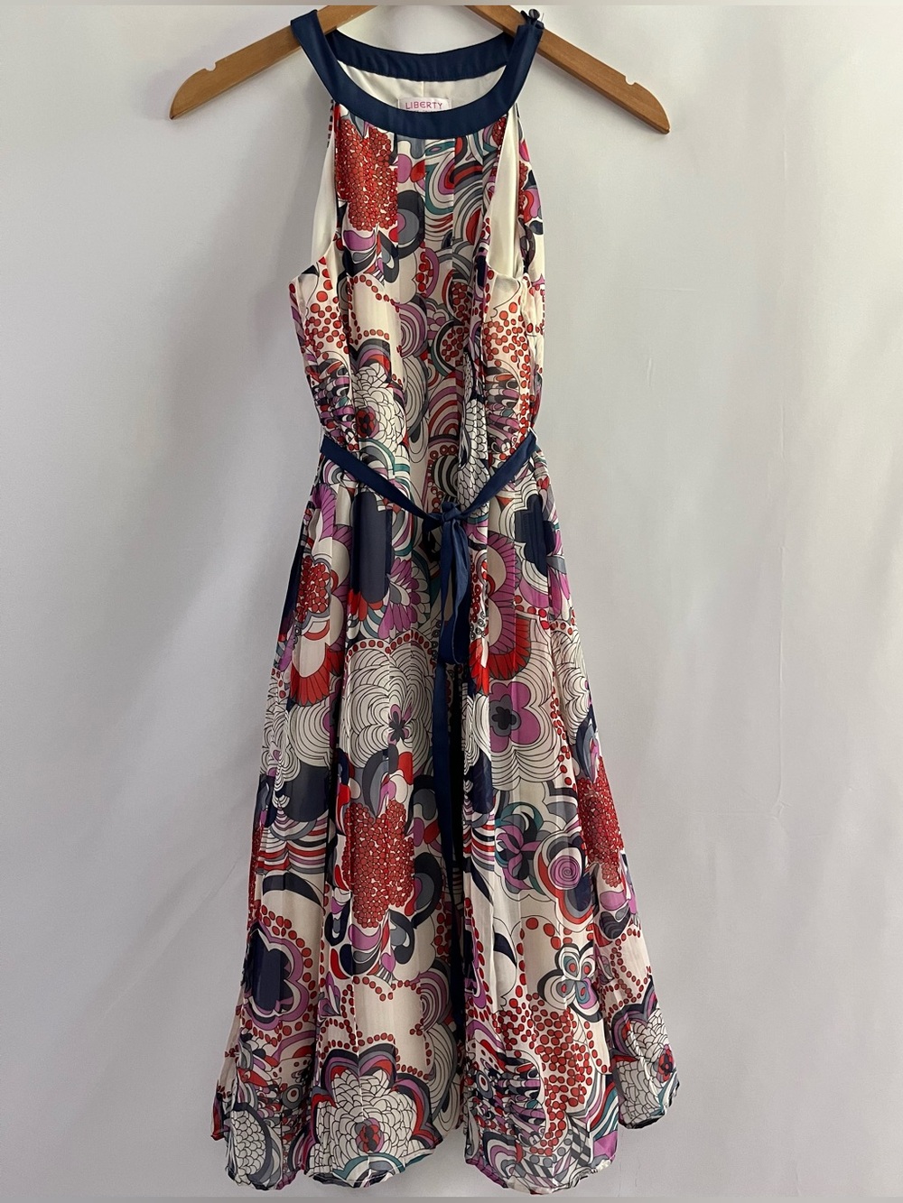 Liberty of London White Navy Pink Multicolor Abstract Print Halter Maxi  Dress S